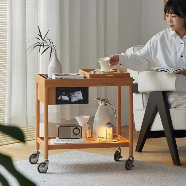 Contemporary Nordic Cherry Wood Oak Glass Rectangular Cart Movable End Table With 2-Tier Storage For Living Room And Bedroom - Image 14