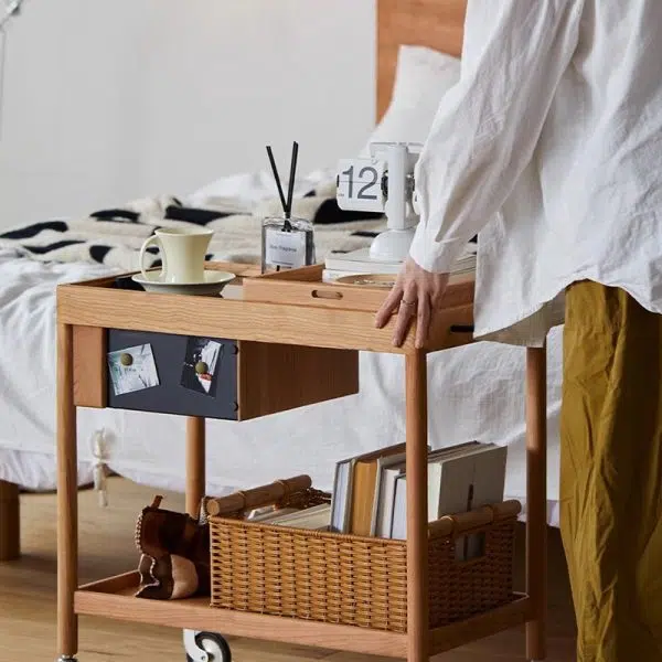 Contemporary Nordic Cherry Wood Oak Glass Rectangular Cart Movable End Table With 2-Tier Storage For Living Room And Bedroom - Image 13