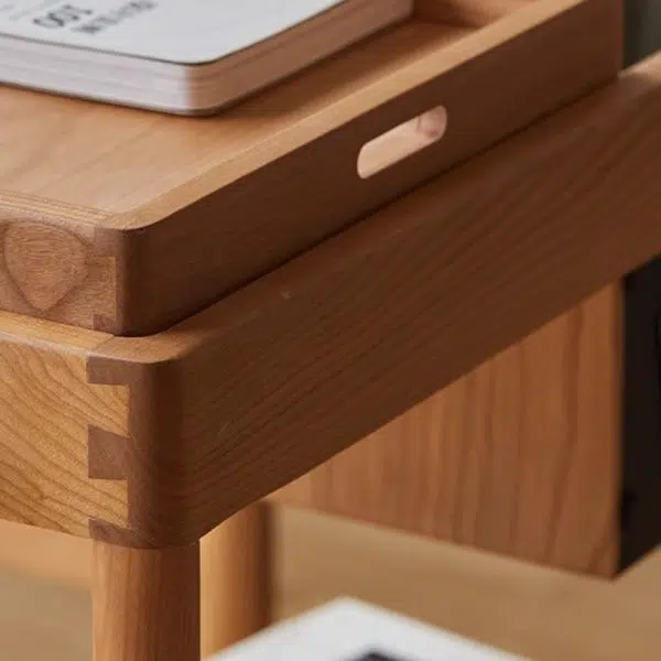 Contemporary Nordic Cherry Wood Oak Glass Rectangular Cart Movable End Table With 2-Tier Storage For Living Room And Bedroom - Image 11