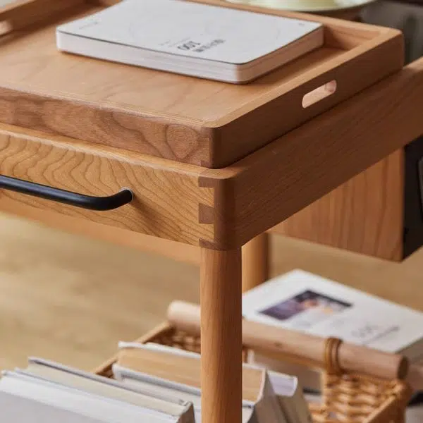 Contemporary Nordic Cherry Wood Oak Glass Rectangular Cart Movable End Table With 2-Tier Storage For Living Room And Bedroom - Image 9