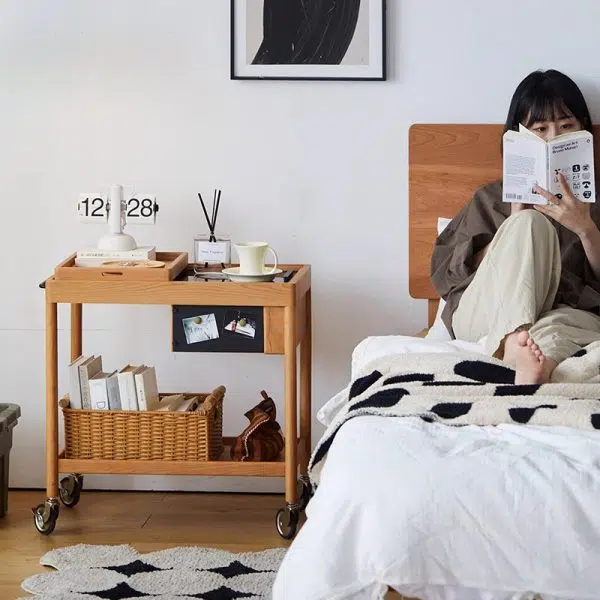 Contemporary Nordic Cherry Wood Oak Glass Rectangular Cart Movable End Table With 2-Tier Storage For Living Room And Bedroom - Image 15