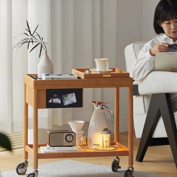 Contemporary Nordic Cherry Wood Oak Glass Rectangular Cart Movable End Table With 2-Tier Storage For Living Room And Bedroom - Image 16