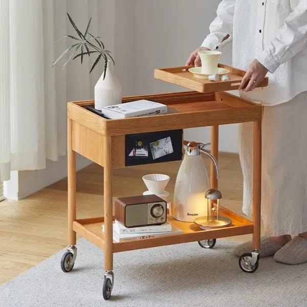 Contemporary Nordic Cherry Wood Oak Glass Rectangular Cart Movable End Table With 2-Tier Storage For Living Room And Bedroom - Image 4