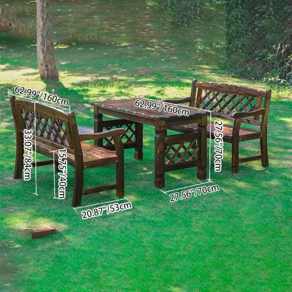 Contemporary Retro Fir Rectangular Lattice Outdoor Coffee Table & Chair Set For Outdoor Patio - Image 11