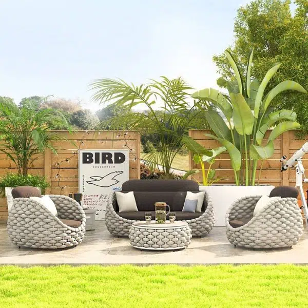 Contemporary Scandinavian Weaving Fabric Aluminum Alloy Round Arc Outdoor Coffee Table & Chair Set For Outdoor Patio - Image 3