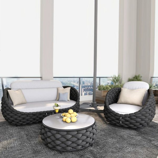 Contemporary Scandinavian Weaving Fabric Aluminum Alloy Round Arc Outdoor Coffee Table & Chair Set For Outdoor Patio - Image 2