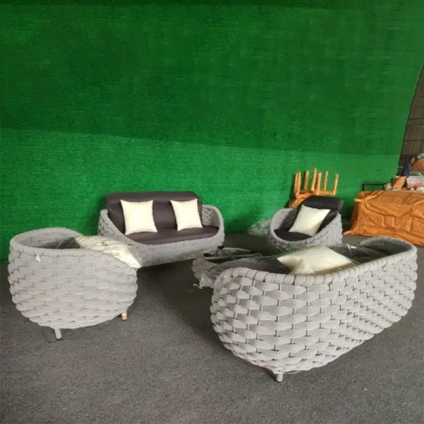 Contemporary Scandinavian Weaving Fabric Aluminum Alloy Round Arc Outdoor Coffee Table & Chair Set For Outdoor Patio - Image 13