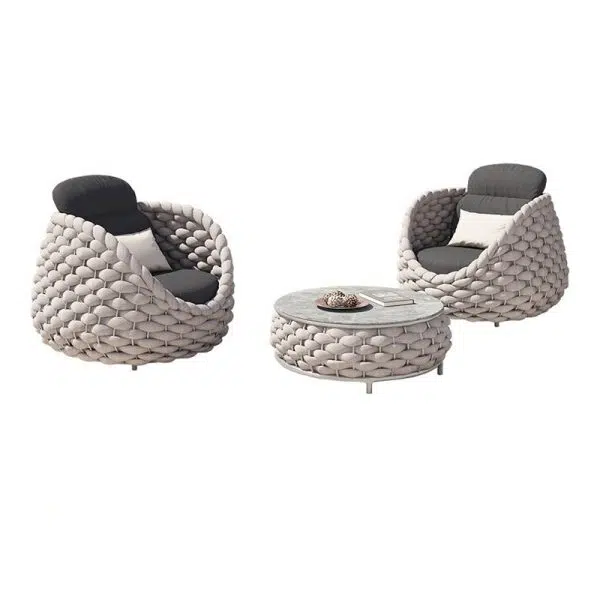 Contemporary Scandinavian Weaving Fabric Aluminum Alloy Round Arc Outdoor Coffee Table & Chair Set For Outdoor Patio - Image 17