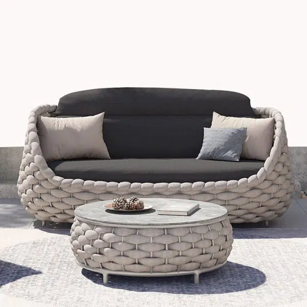 Contemporary Scandinavian Weaving Fabric Aluminum Alloy Round Arc Outdoor Coffee Table & Chair Set For Outdoor Patio - Image 14