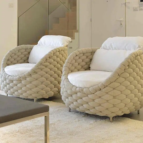 Contemporary Scandinavian Weaving Fabric Aluminum Alloy Round Arc Outdoor Coffee Table & Chair Set For Outdoor Patio - Image 11