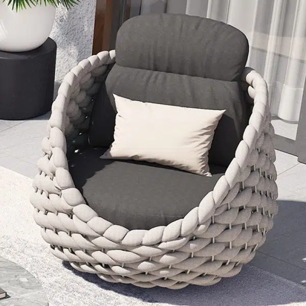 Contemporary Scandinavian Weaving Fabric Aluminum Alloy Round Arc Outdoor Coffee Table & Chair Set For Outdoor Patio - Image 6