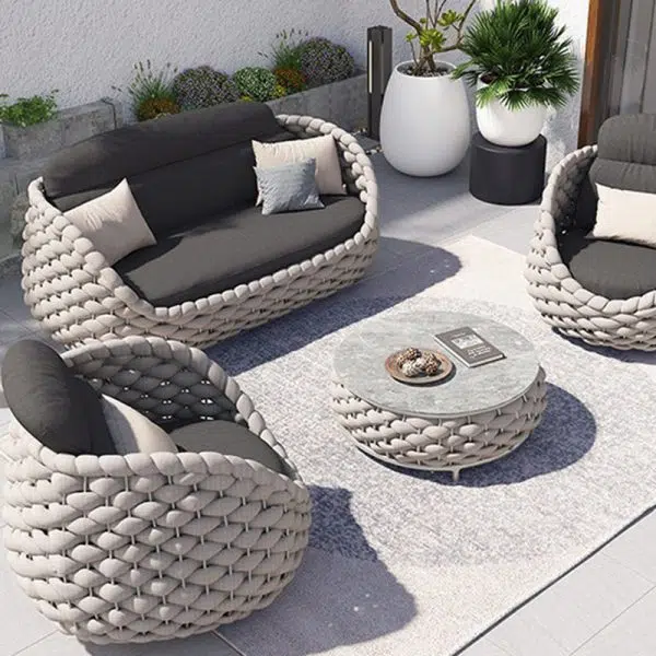Contemporary Scandinavian Weaving Fabric Aluminum Alloy Round Arc Outdoor Coffee Table & Chair Set For Outdoor Patio - Image 5
