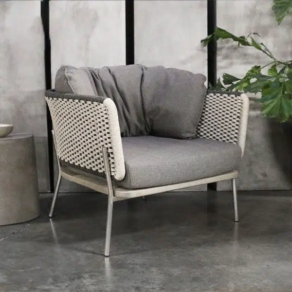 Contemporary Scandinavian Weaving Rope Fabric Aluminum Alloy Slab Square Outdoor Coffee Table & Chair Set For Outdoor Patio