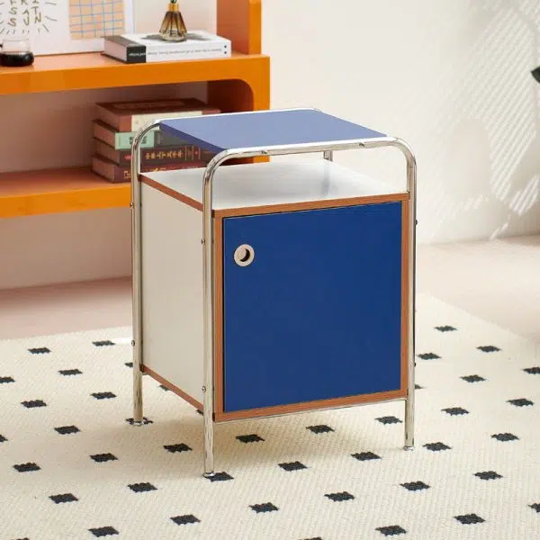 Contemporary Nordic Plank & Stainless Steel Rectangular Nightstand With 1-Cabinet For Bedroom And Living Room - Image 2