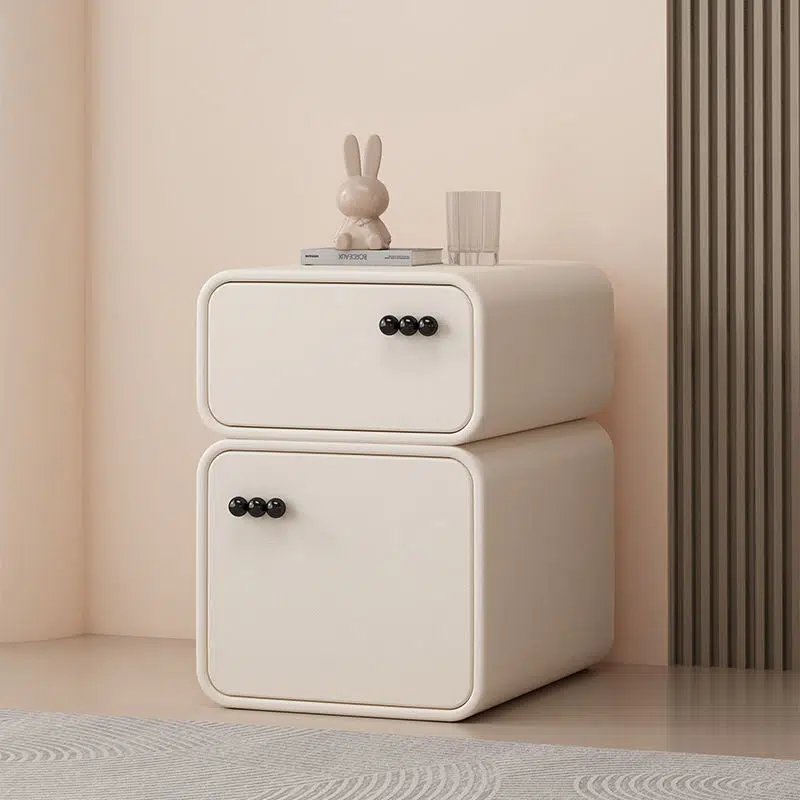 BS-Table-FC04303-5.jpg Contemporary Scandinavian Rectangular Solid Wood Microfiber Leather Veneered Nightstand 2-Drawer For Bedroom - Image 1