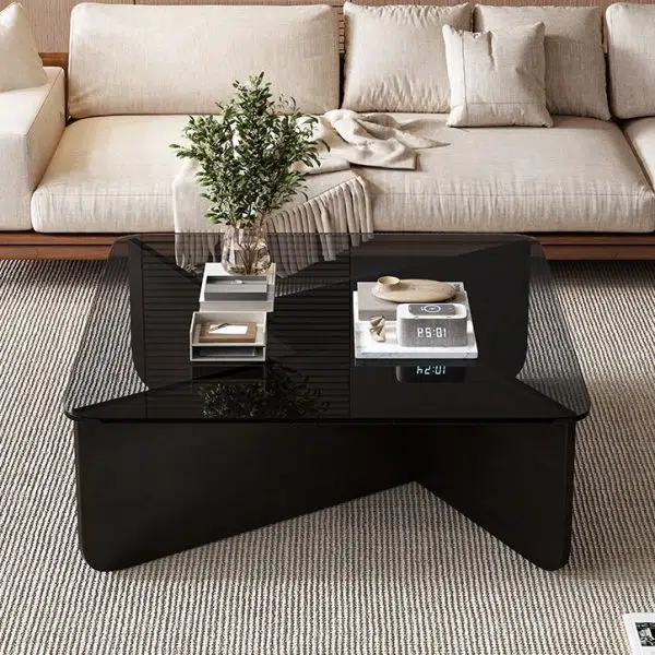 Contemporary Luxury Square Glass Solid Wood Interlocking Base Coffee Table For Living Room - Image 14