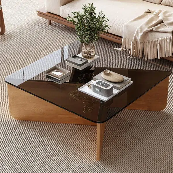 Contemporary Luxury Square Glass Solid Wood Interlocking Base Coffee Table For Living Room - Image 15