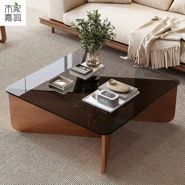 Contemporary Luxury Square Glass Solid Wood Interlocking Base Coffee Table For Living Room - Image 16