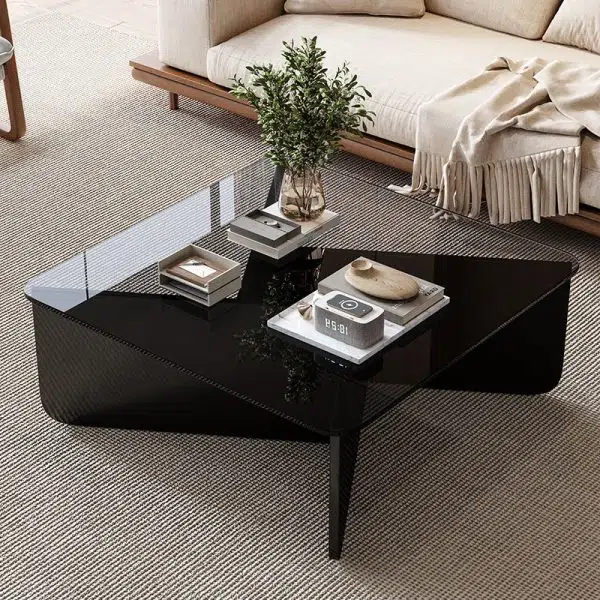 Contemporary Luxury Square Glass Solid Wood Interlocking Base Coffee Table For Living Room - Image 11
