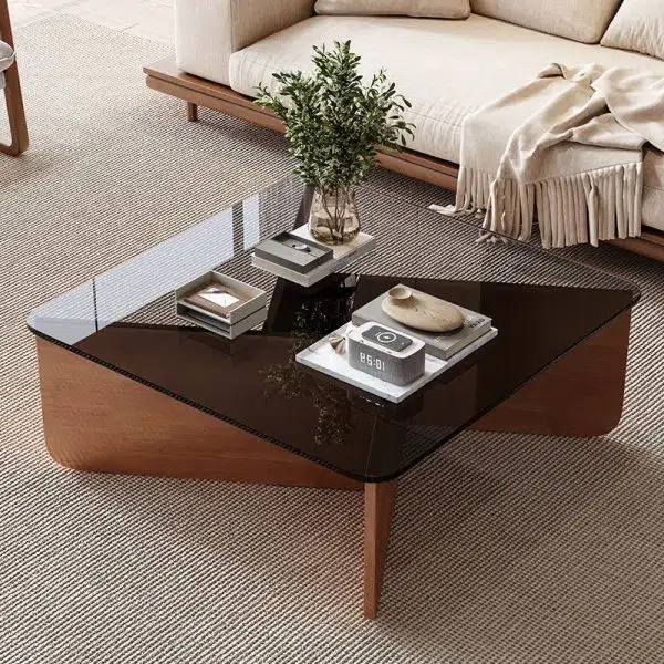 Contemporary Luxury Square Glass Solid Wood Interlocking Base Coffee Table For Living Room - Image 2