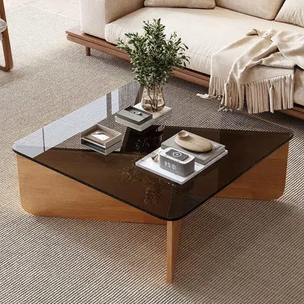 Contemporary Luxury Square Glass Solid Wood Interlocking Base Coffee Table For Living Room - Image 3