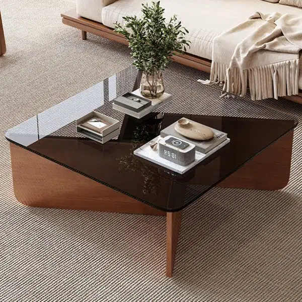 Contemporary Luxury Square Glass Solid Wood Interlocking Base Coffee Table For Living Room - Image 12
