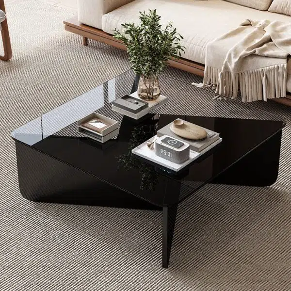 Contemporary Luxury Square Glass Solid Wood Interlocking Base Coffee Table For Living Room - Image 13
