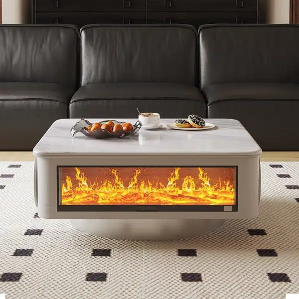 Contemporary Creative Microcrystalline Wood Stainless Steel Square Flame Coffee Table 2-Drawer Rotatable For Living Room - Image 2