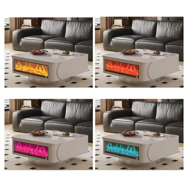 Contemporary Creative Microcrystalline Wood Stainless Steel Square Flame Coffee Table 2-Drawer Rotatable For Living Room - Image 12