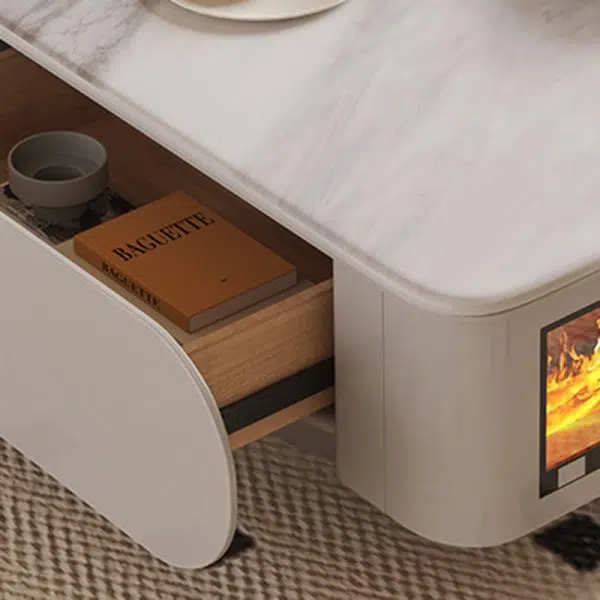 Contemporary Creative Microcrystalline Wood Stainless Steel Square Flame Coffee Table 2-Drawer Rotatable For Living Room - Image 8