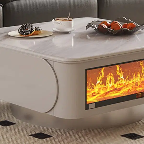 Contemporary Creative Microcrystalline Wood Stainless Steel Square Flame Coffee Table 2-Drawer Rotatable For Living Room - Image 9