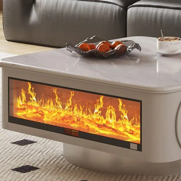 Contemporary Creative Microcrystalline Wood Stainless Steel Square Flame Coffee Table 2-Drawer Rotatable For Living Room - Image 7