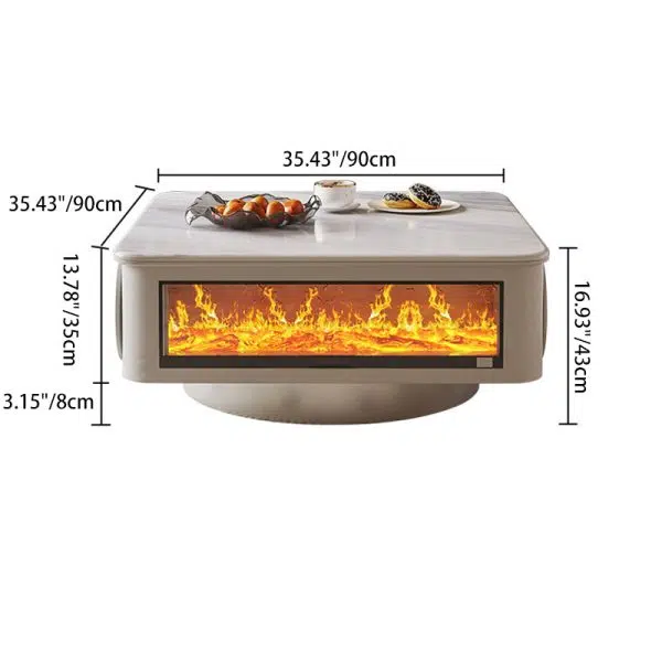 Contemporary Creative Microcrystalline Wood Stainless Steel Square Flame Coffee Table 2-Drawer Rotatable For Living Room - Image 6