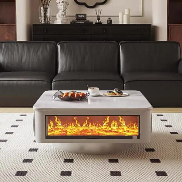 Contemporary Creative Microcrystalline Wood Stainless Steel Square Flame Coffee Table 2-Drawer Rotatable For Living Room - Image 5