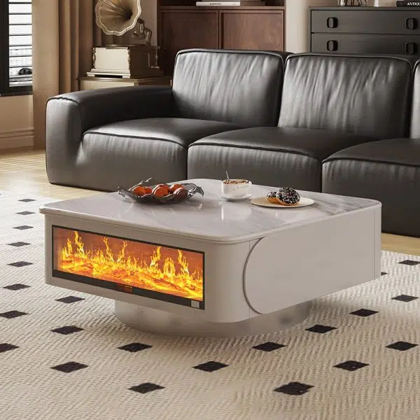 Contemporary Creative Microcrystalline Wood Stainless Steel Square Flame Coffee Table 2-Drawer Rotatable For Living Room - Image 3