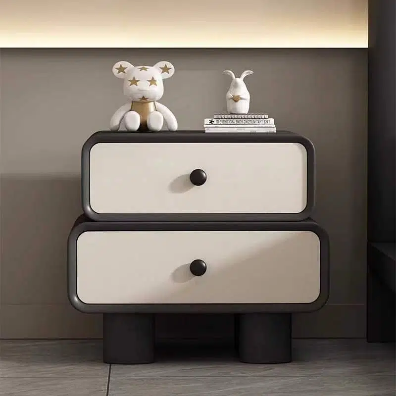 BS-Table-FX02624-18.jpg Contemporary Scandinavian Rectangle Cube Solid Wood Leather Nightstand 2 - Drawer For Bedroom - Image 1