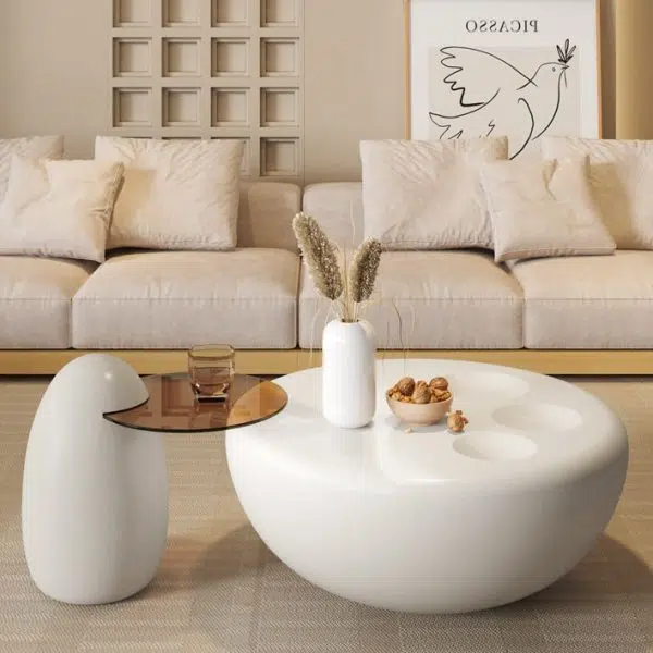 Contemporary Creative Fiberglass Tempered Glass Round Hemispherical Cat's Claw Coffee Table Set For Living Room - Image 6