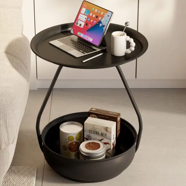 Contemporary Nordic Iron And Carbon Steel Round Side Table With 2-Tier Storage For Living Room And Bedroom - Image 17