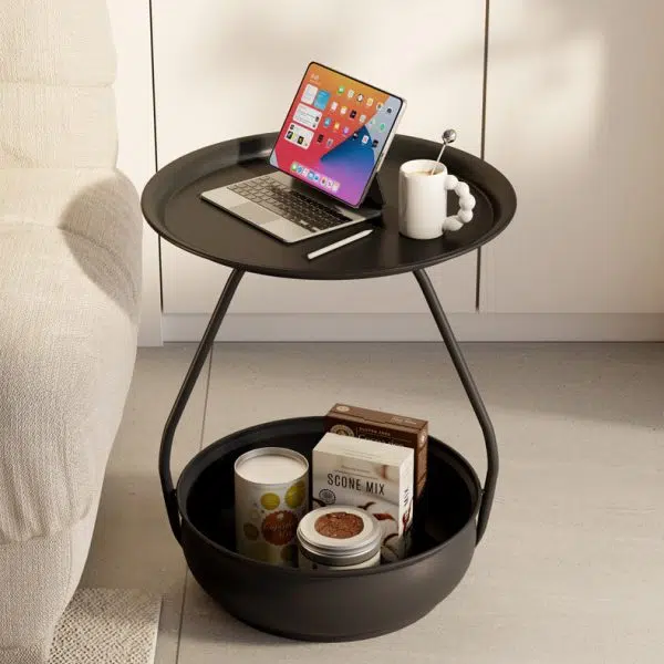 Contemporary Nordic Iron And Carbon Steel Round Side Table With 2-Tier Storage For Living Room And Bedroom - Image 4