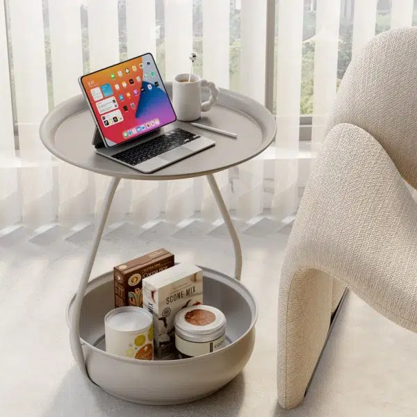 Contemporary Nordic Iron And Carbon Steel Round Side Table With 2-Tier Storage For Living Room And Bedroom - Image 3