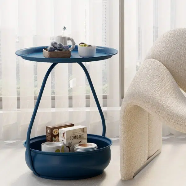 Contemporary Nordic Iron And Carbon Steel Round Side Table With 2-Tier Storage For Living Room And Bedroom - Image 5