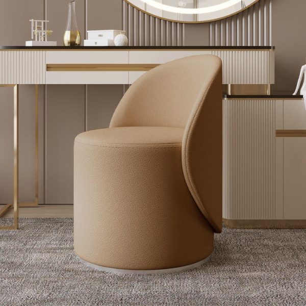 Contemporary Nordic Leather & Rubberwood Cylindrical Vanity Stool With Backrest & Swivel Function For Bedroom - Image 2