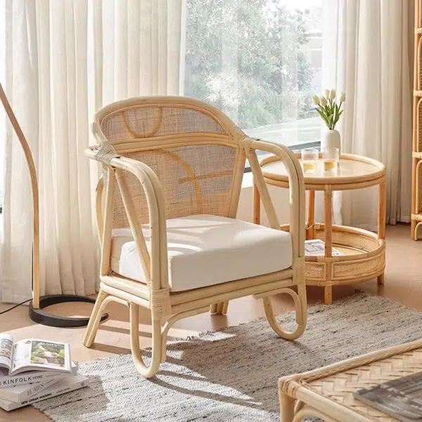 Traditional Japanese Solid Wood & Rattan Square Sofa With Armrest And Backrest For Living Room