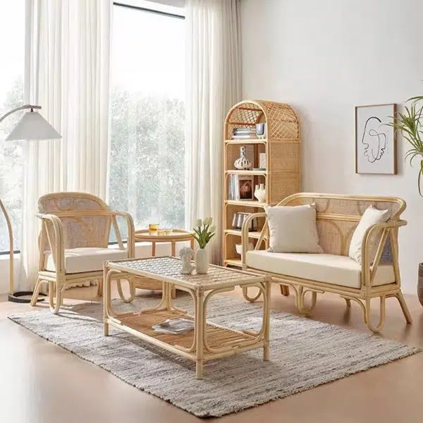 Traditional Japanese Solid Wood & Rattan Square Sofa With Armrest And Backrest For Living Room - Image 3