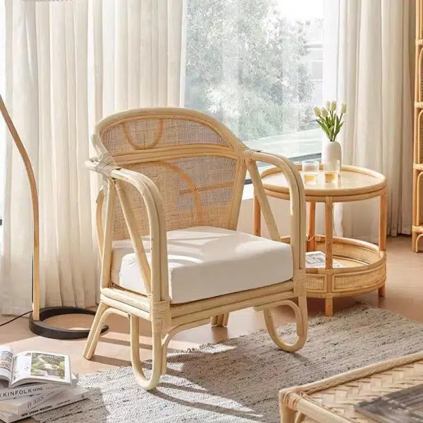 Traditional Japanese Solid Wood & Rattan Square Sofa With Armrest And Backrest For Living Room - Image 7