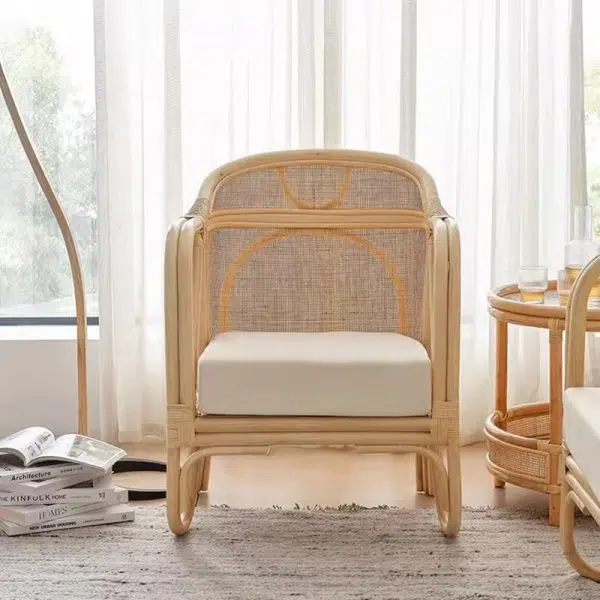 Traditional Japanese Solid Wood & Rattan Square Sofa With Armrest And Backrest For Living Room - Image 2