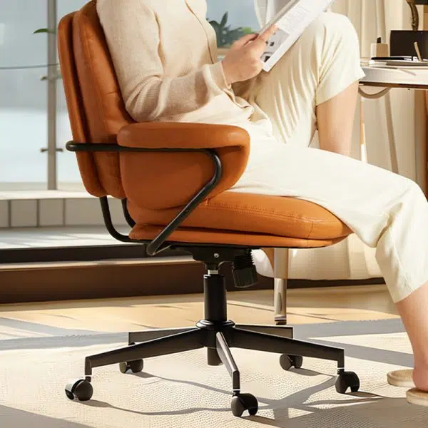 Contemporary Nordic Leather Square Desk Chair With Swivel & Height Adjustment For Home Office - Image 8