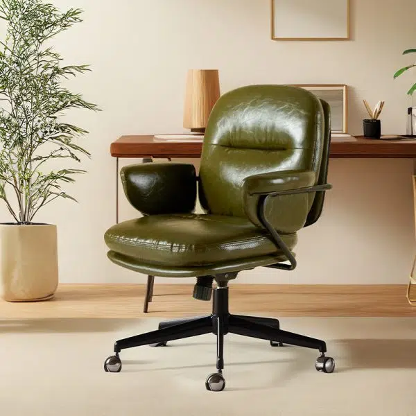 Contemporary Nordic Leather Square Desk Chair With Swivel & Height Adjustment For Home Office - Image 3