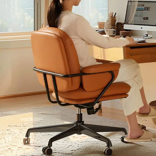 Contemporary Nordic Leather Square Desk Chair With Swivel & Height Adjustment For Home Office - Image 9