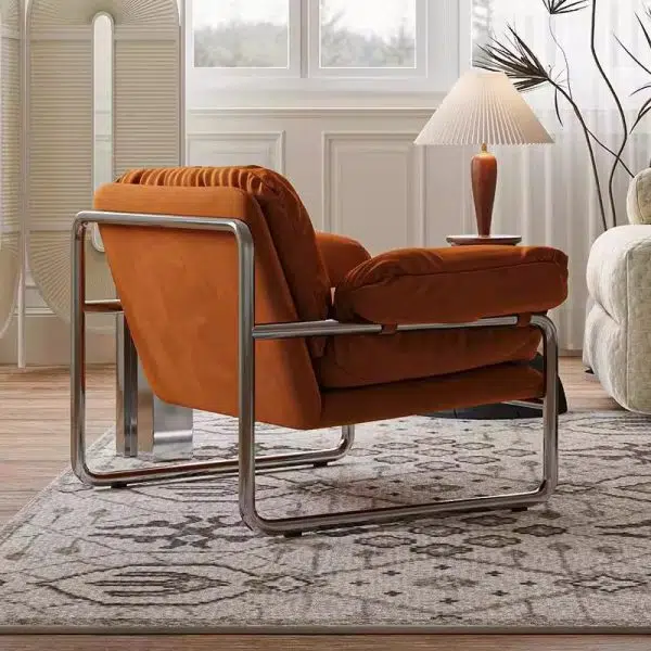 Contemporary Nordic Fabric & Stainless Steel Square Accent Chair With Ergonomic Comfort For Living Room & Bedroom - Image 6